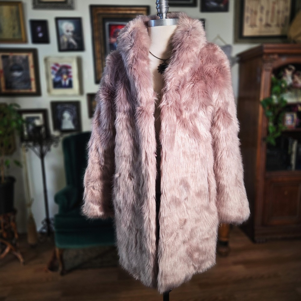 Express Womens Dusty Rose Pink Faux Fur Coat Jacket Mid-Length Glam Winter Chic - Picture 1 of 6